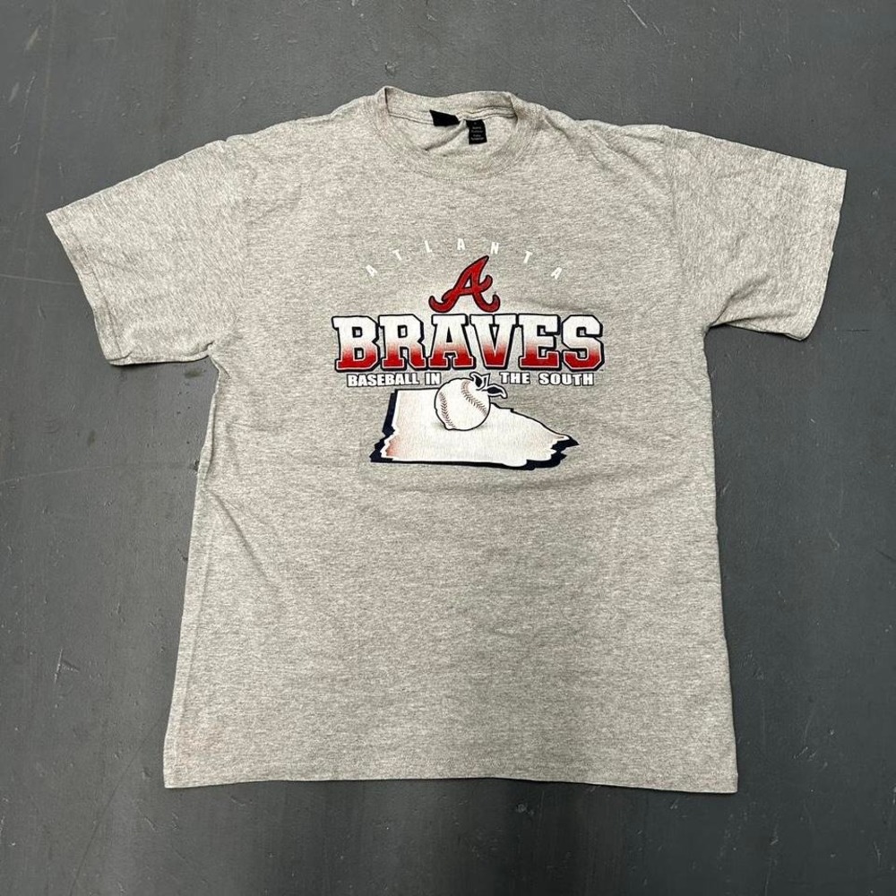 Vintage 2000s Atlanta braves mlb baseball graphic grey tee shirt tshirt